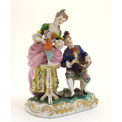 77 - A Continental porcelain figural group depicting a seated man playing a musical instrument and a lady... 