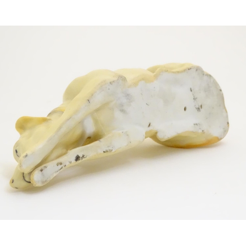 88 - A 20thC porcelain model of a recumbent greyhound dog with a gilt collar. Approx. 8 1/4