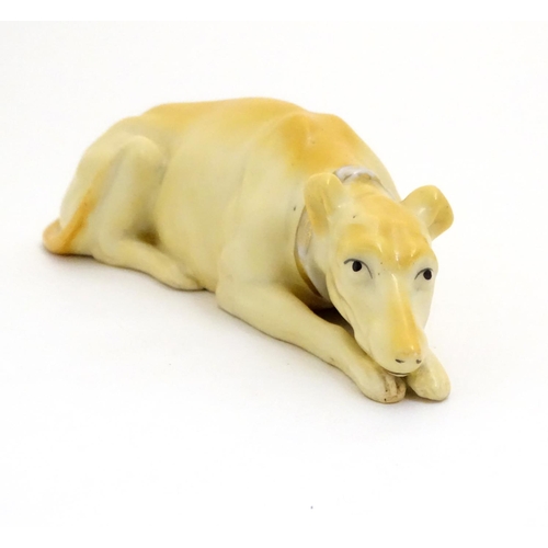 88 - A 20thC porcelain model of a recumbent greyhound dog with a gilt collar. Approx. 8 1/4