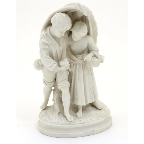 123 - A Copeland style parian figural group modelled as two children, a boy holding a nest with two birds ... 