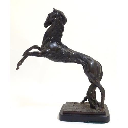 1022 - A 20thC bronze sculpture of a rearing horse on a rectangular base. Approx. 18