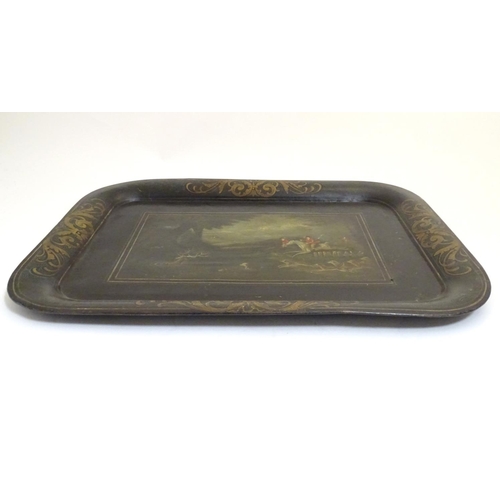 1023 - An early 19thC tole peinte tray, decorated with a stag hunting scene, with figures on horseback and ... 