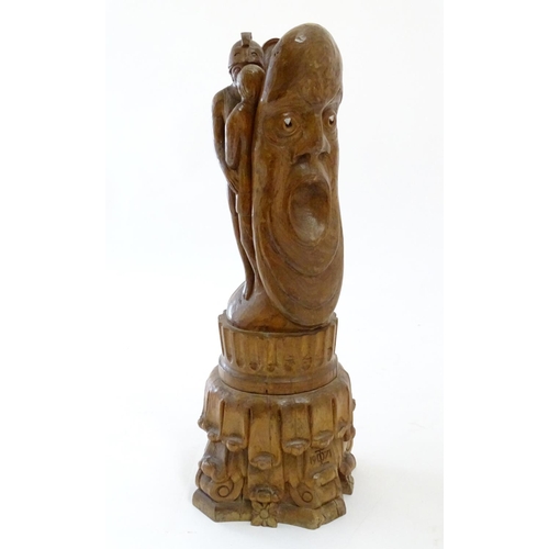 1037 - A 20thC carved wooden sculpture titled Tragic Muse to base, monogrammed TD and dated 1971 to side. D... 