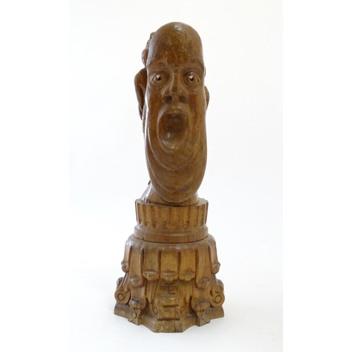 1037 - A 20thC carved wooden sculpture titled Tragic Muse to base, monogrammed TD and dated 1971 to side. D... 