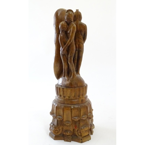 1037 - A 20thC carved wooden sculpture titled Tragic Muse to base, monogrammed TD and dated 1971 to side. D... 