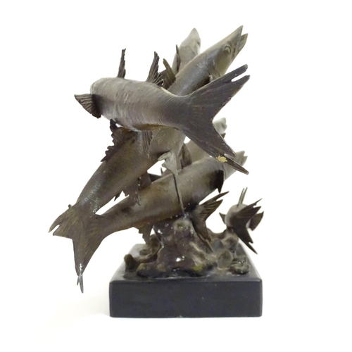 1091 - A 20thC limited edition bronze sculpture modelled as a shoal of barracuda fish. Signed Somchai and d... 