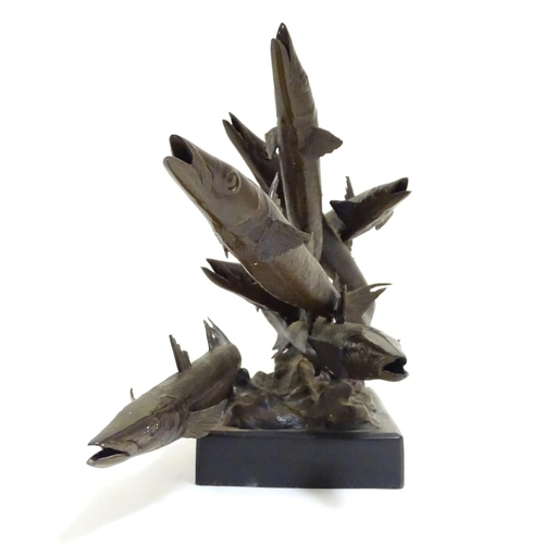 1091 - A 20thC limited edition bronze sculpture modelled as a shoal of barracuda fish. Signed Somchai and d... 