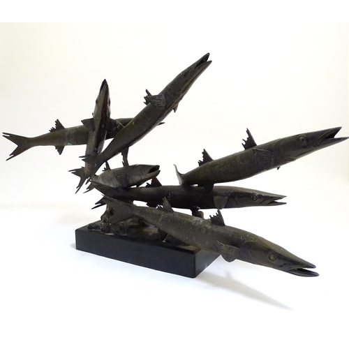 1091 - A 20thC limited edition bronze sculpture modelled as a shoal of barracuda fish. Signed Somchai and d... 