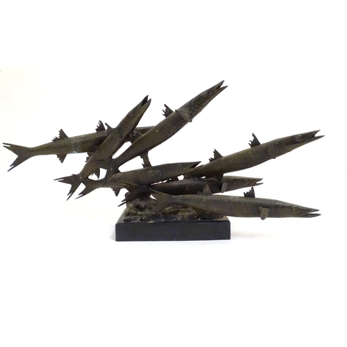 1091 - A 20thC limited edition bronze sculpture modelled as a shoal of barracuda fish. Signed Somchai and d... 