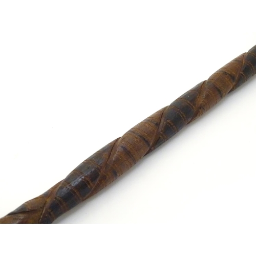 1094 - An early 20thC Australian blackwood walking cane, the knop formed as a clenched fist holding a snake... 