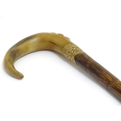 1095 - A 19thC walking stick, with rams horn handle, peacock wood shaft, brass embossed collar and rubber f... 