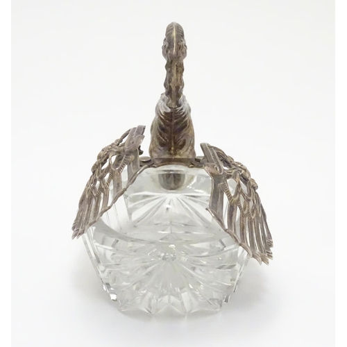 187 - A novelty glass and dish with silver mounts formed as swan. 4 1/2