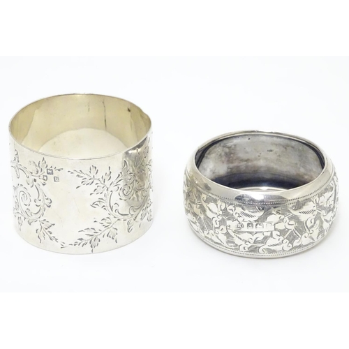 289 - Two silver napkin rings with engraved decoration. Hallmarked Birmingham 1906 maker William M Hayes a... 