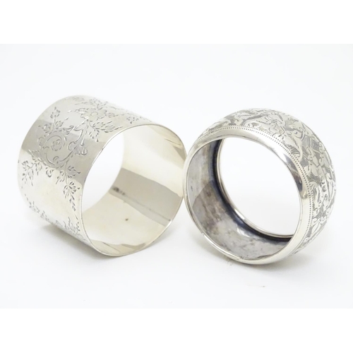 289 - Two silver napkin rings with engraved decoration. Hallmarked Birmingham 1906 maker William M Hayes a... 