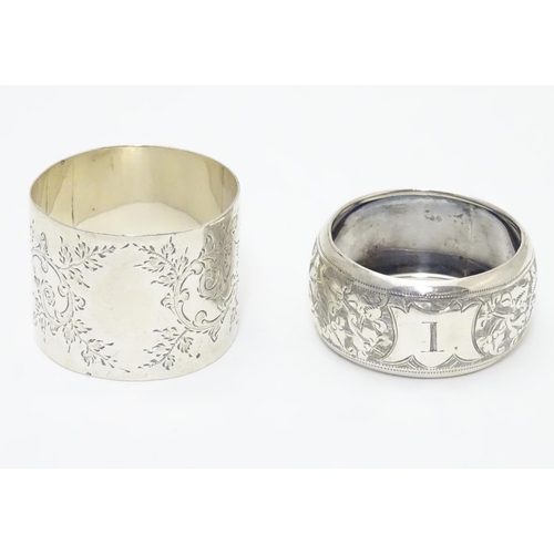 289 - Two silver napkin rings with engraved decoration. Hallmarked Birmingham 1906 maker William M Hayes a... 