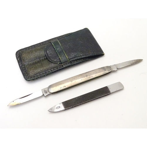 299 - A green leather pouch containing a file and folding twin blade knife, marked 'Silver'. The case 23/4... 