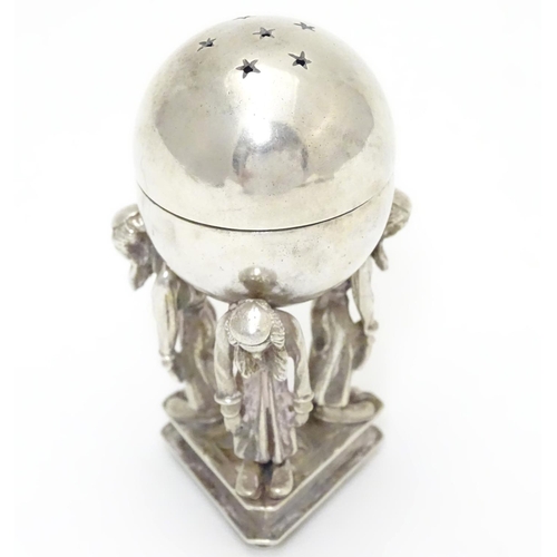 328 - A Russian silver Judaica besamim / balsaminka spice holder, the spice ball supported by three bowing... 