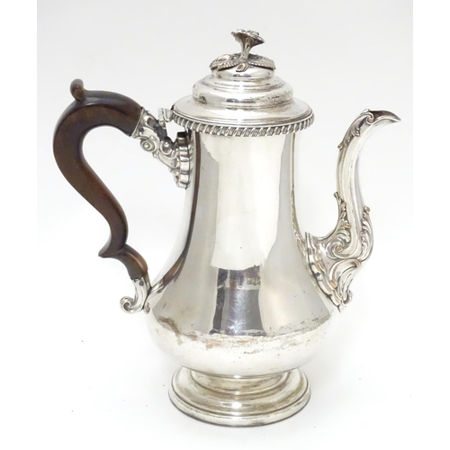 427 - A 19thC Old Sheffield plate coffee pot with floral formed finial to lid and a hardwood handle 10