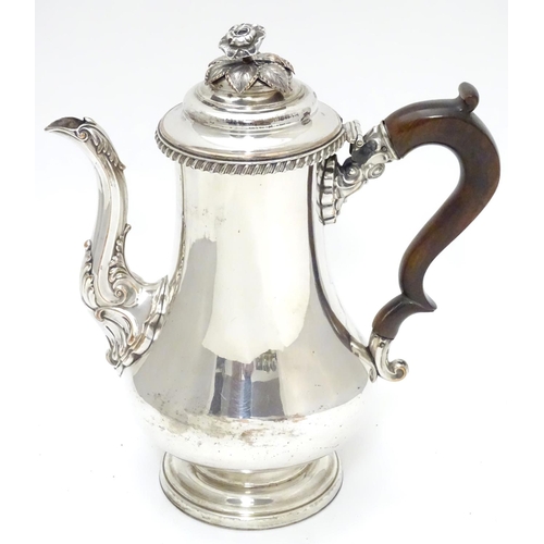 427 - A 19thC Old Sheffield plate coffee pot with floral formed finial to lid and a hardwood handle 10