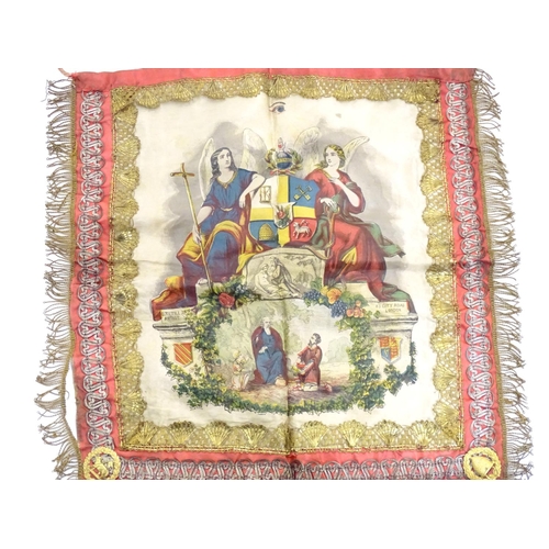 883 - Masonic Interest: A late 19thC Oddfellows Friendly Society silk apron / banner with fringed edges. T... 