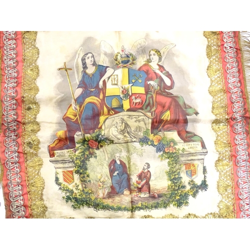 883 - Masonic Interest: A late 19thC Oddfellows Friendly Society silk apron / banner with fringed edges. T... 