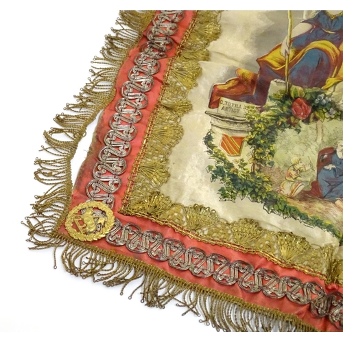 883 - Masonic Interest: A late 19thC Oddfellows Friendly Society silk apron / banner with fringed edges. T... 