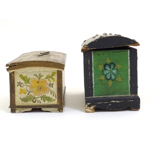 885 - Two late 19th / early 20thC Scandinavian hinged boxes formed as trunks / coffers with domed lids and... 