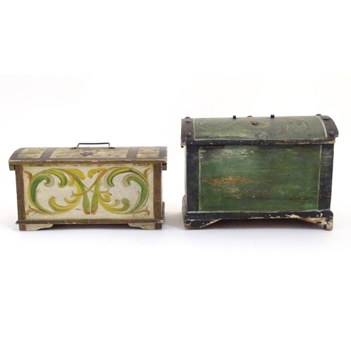 885 - Two late 19th / early 20thC Scandinavian hinged boxes formed as trunks / coffers with domed lids and... 