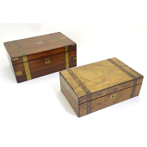 888 - A 19thC walnut writing box with marquetry inlay. Together with a brass bound Victorian writing slope... 