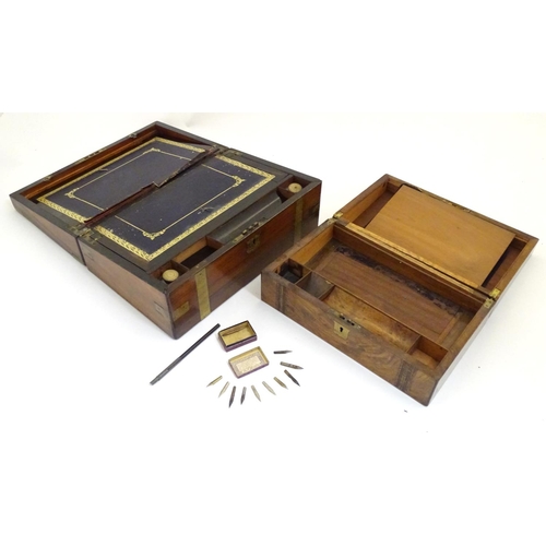 888 - A 19thC walnut writing box with marquetry inlay. Together with a brass bound Victorian writing slope... 