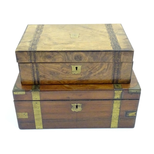 888 - A 19thC walnut writing box with marquetry inlay. Together with a brass bound Victorian writing slope... 