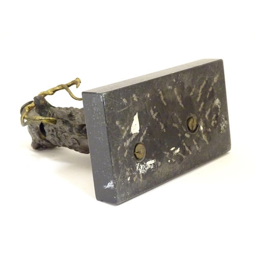 893 - A late 19th / early 20thC bronze desk top inkwell modelled as a dog on a rectangular base. Approx. 5... 