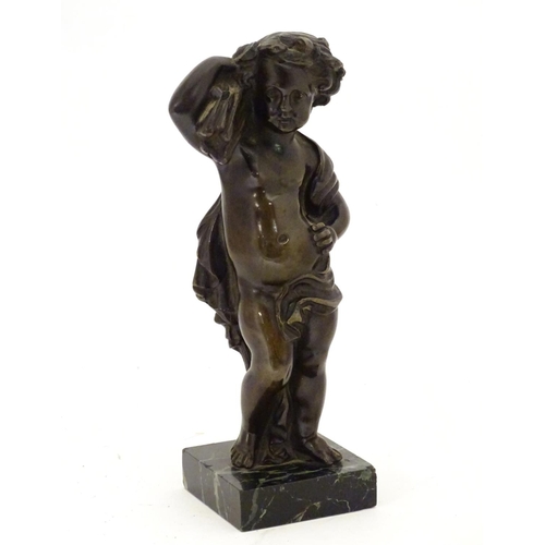 899 - A late 19thC cast bronze figure of a cherub representing Autumn, holding a sheaf of wheat over his s... 