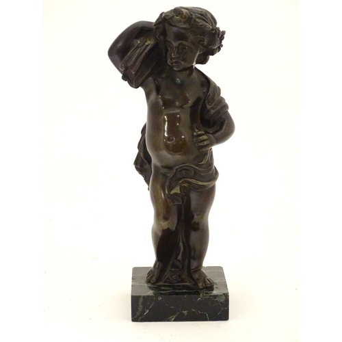 899 - A late 19thC cast bronze figure of a cherub representing Autumn, holding a sheaf of wheat over his s... 