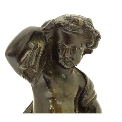 899 - A late 19thC cast bronze figure of a cherub representing Autumn, holding a sheaf of wheat over his s... 