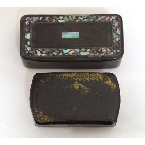 903 - Two 20thC papier mache snuff boxes, one with inlaid abalone decoration, the other with gilt highligh... 