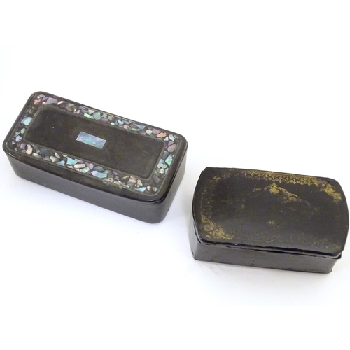 903 - Two 20thC papier mache snuff boxes, one with inlaid abalone decoration, the other with gilt highligh... 