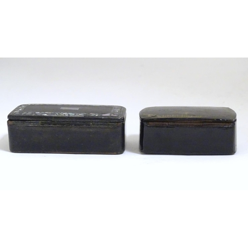 903 - Two 20thC papier mache snuff boxes, one with inlaid abalone decoration, the other with gilt highligh... 