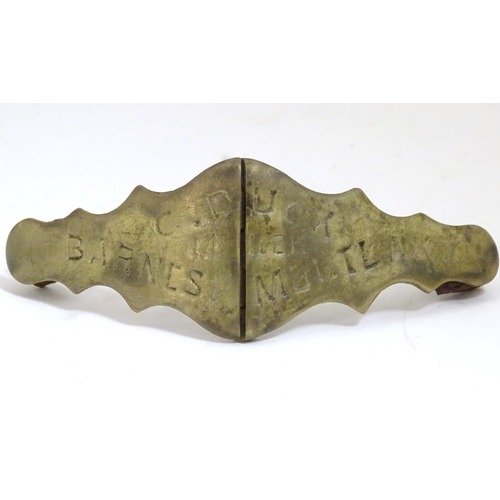 914 - A late 19th / early 20thC horse brass hinged harness plate advertising the maker C. Duck, Barnes & M... 