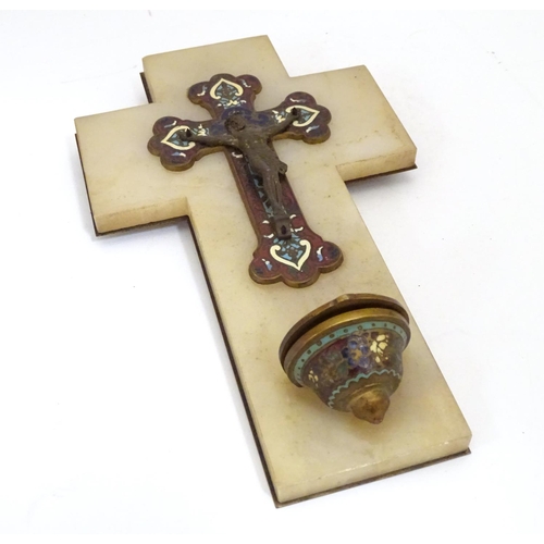 918 - A late 19th / early 20thC champleve enamel crucifix depicting Jesus Christ on the cross with a holy ... 