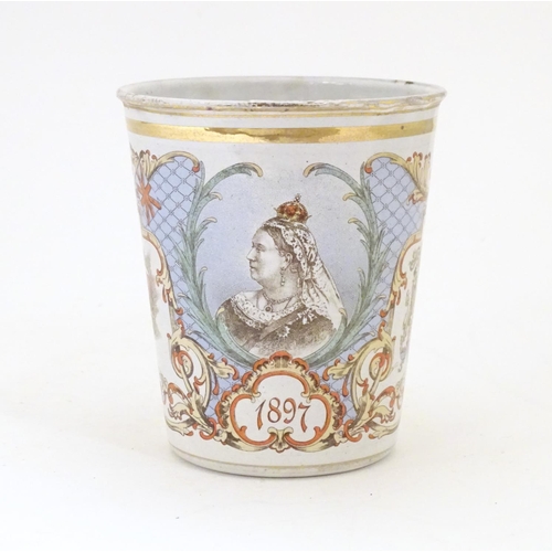 921 - A Victorian tin and enamel beaker commemorating Queen Victoria's Diamond Jubilee depicting the Royal... 