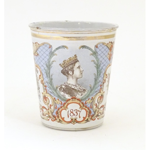 921 - A Victorian tin and enamel beaker commemorating Queen Victoria's Diamond Jubilee depicting the Royal... 