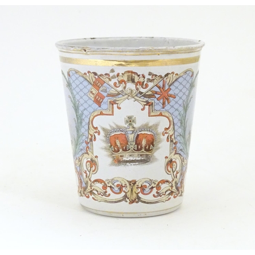 921 - A Victorian tin and enamel beaker commemorating Queen Victoria's Diamond Jubilee depicting the Royal... 