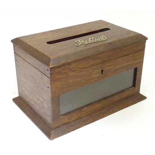 929 - A Victorian country house correspondence / letter box, the hinged top with letter slot and applied L... 