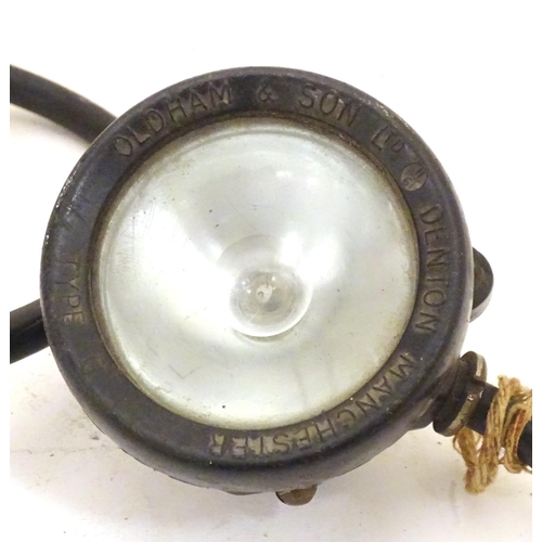 933 - A mid-20thC Type G miners' lamp by Oldham & Son, Denton, Manchester, with battery pack. The lamp 2 3... 