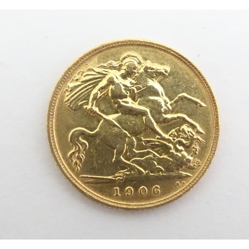 552 - A 22ct gold 1906 Edward VII half sovereign coin, approximately 4g