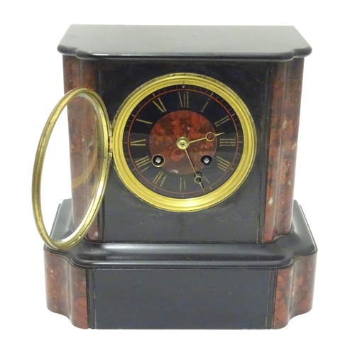 1176 - A Victorian slate cased mantle clock with 8-day movement string on a bell. 8 3/4