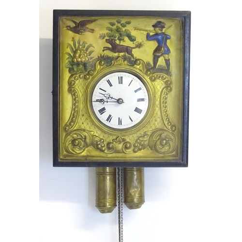 1188 - A 19thC Biedermeier clock , the diorama style case with scene depicting huntsman with dog and game b... 