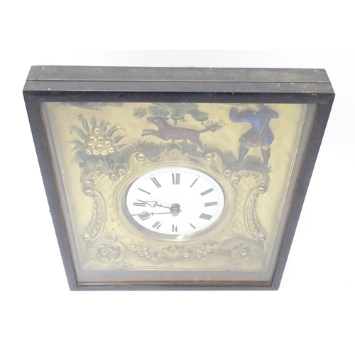 1188 - A 19thC Biedermeier clock , the diorama style case with scene depicting huntsman with dog and game b... 