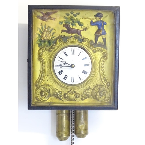 1188 - A 19thC Biedermeier clock , the diorama style case with scene depicting huntsman with dog and game b... 